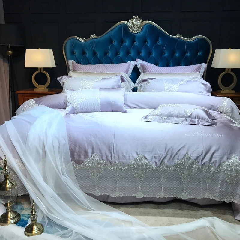 

New Luxury Purple Champagne Silver Green Silk Cotton Bedding set Romantic White Lace Duvet Cover Bed Linen Bed sheet Pillowcases