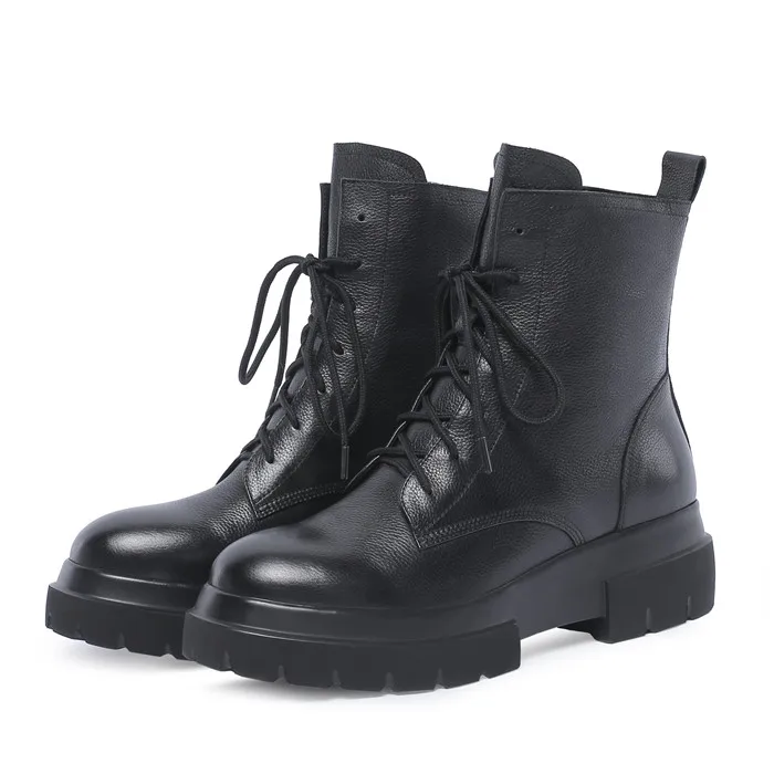 FOREADA/зимние ботинки из натуральной кожи; Женские ботинки в байкерском стиле на шнуровке; ботильоны из натуральной кожи на платформе; цвет белый, черный; размеры 34-42 - Цвет: Black Velvet Lining