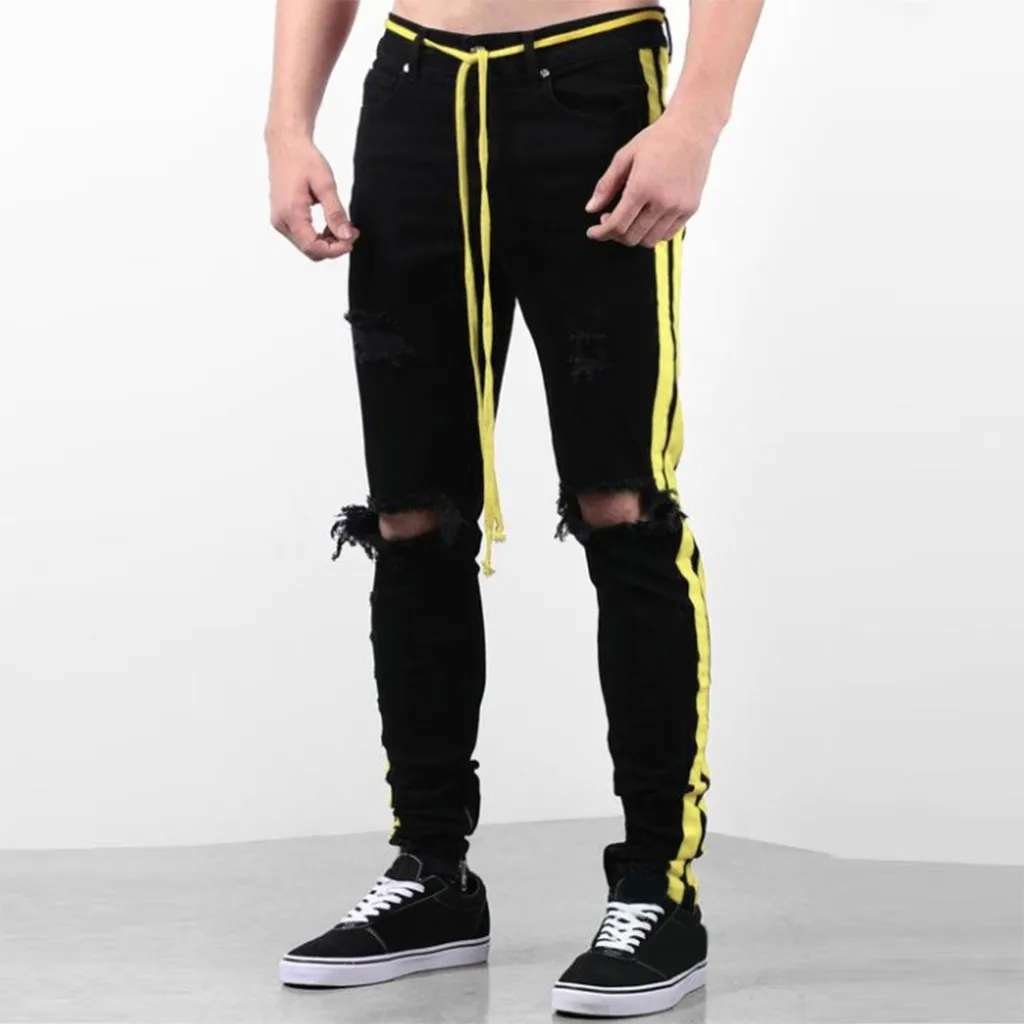 

Men's Denim Cotton Straight Hole Pocket Pants Male Brand Clothing Plus Size Trouser Sripe Distressed Jeans Men Fashions