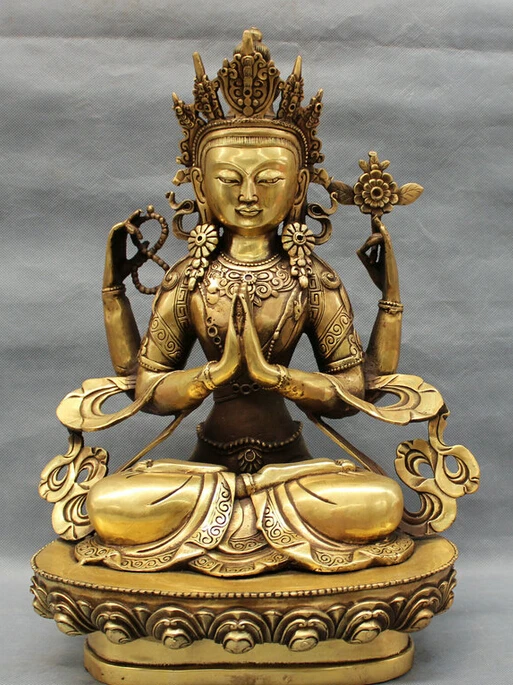 

USPS to USA S1353 17" Tibet Brass Buddhism Pray Blessing Kwan-Yin 4 Hands Chenrezig Buddha Statue (B0328)