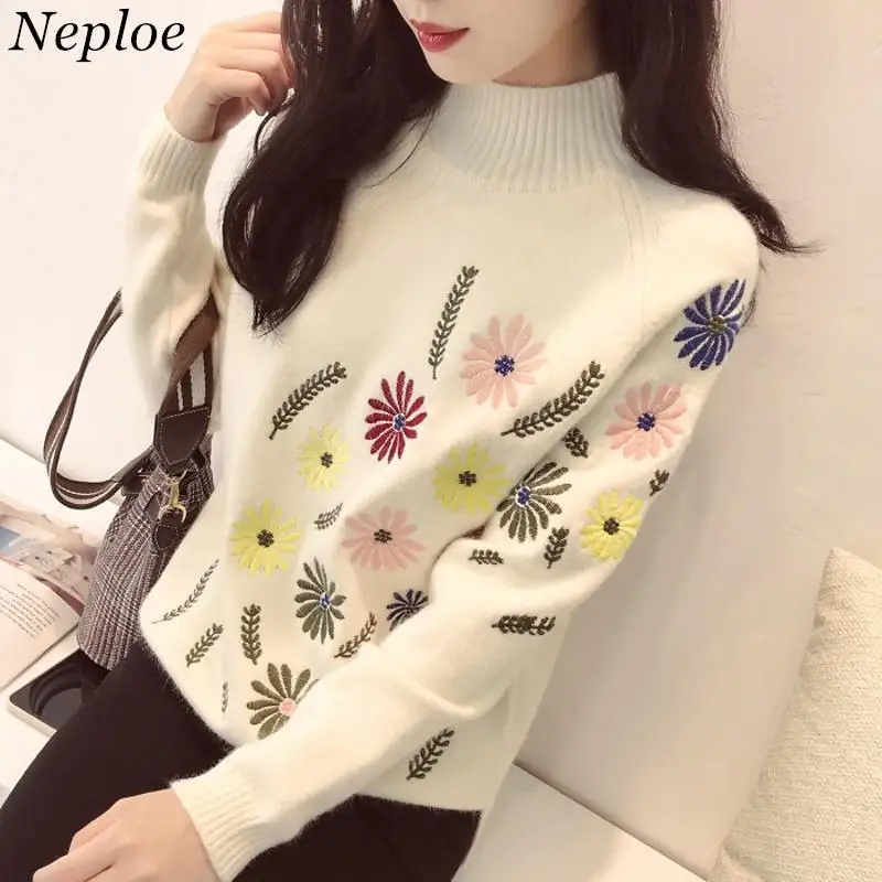 

Neploe New Autumn Winter Sweater Elegant Floral Embroidery Pulover Long Sleeve Causal Jumper Female Loose Knitwear Tops 37227