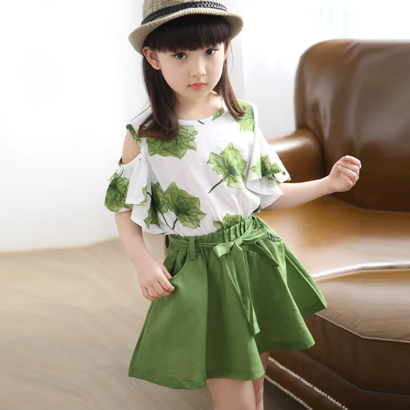 Хлопковый и льняной летний костюм для девочек-подростков, комплект одежды для девочек, детские комплекты одежды принцессы для детей 5, 6, 8, 9, 10, 11, 12 лет - Цвет: Зеленый