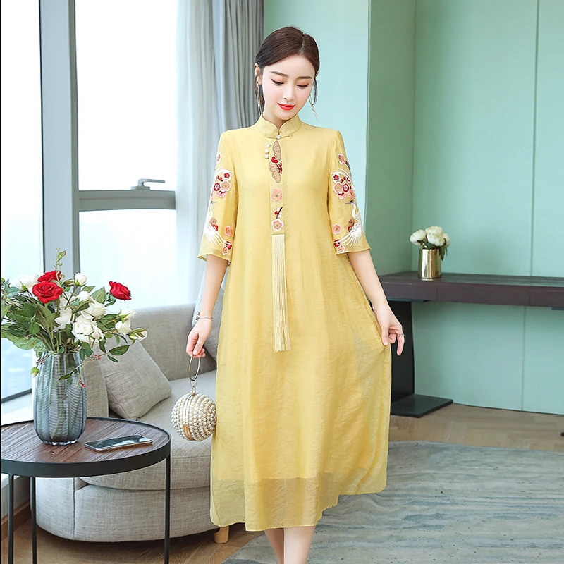 

Vintage Floral Embroidery Dress Women Casual Stand Collar 3/4 Sleeve Sundress Female Elegant A-line Dresses Vestidos Plus Size