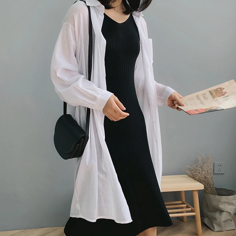 Spring and summer new style Korean women's long-sleeved BF shirt Long solid color blouse