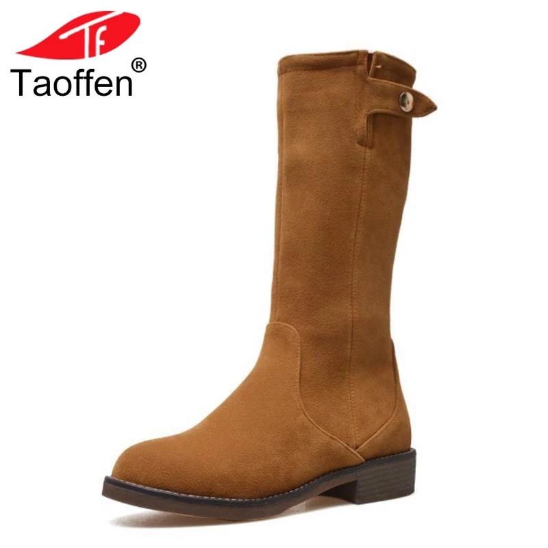

TAOFFEN Size 32-43 Women Mid Calf Boots Winter Warm Fur Shoes Woman Round Toe Flats Boots Fashion Metal Button Long Boot