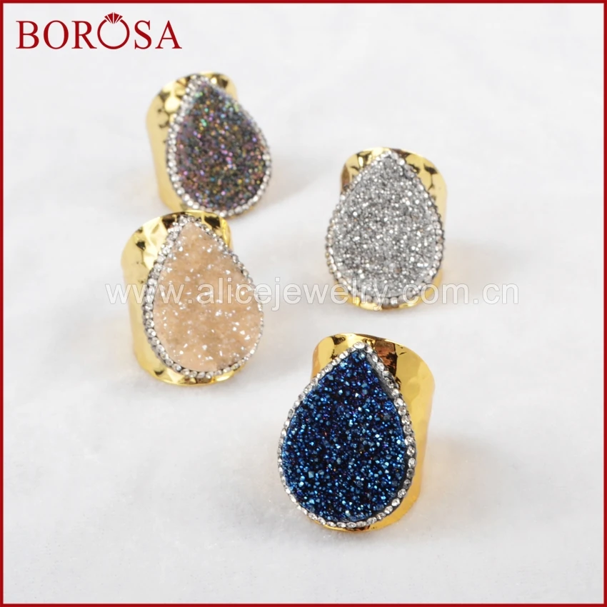

BOROSA Teardrop Natural Stone Titanium Multi-color Druzy Gold Band Ring Paved Zircon Drusy Stone Cuff Ring Gems Jewelry JAB374
