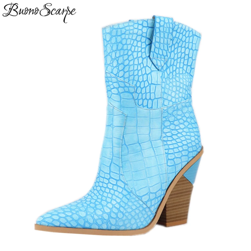 

Buono Scarpe 2019 Brand Wedges Boots Ins Hot Style High Heel Western Boots Women Shoes Plus Size 46 Retro Mid-calf Women Boots