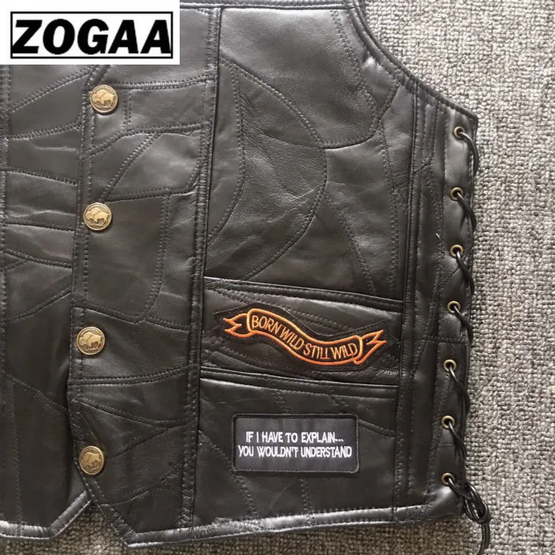 Black Genuine Leather Motorcycle Rider Vest Men Punk Retro Classic Style 14 Patches Motorcycle Jacket Men Vest Clothing
