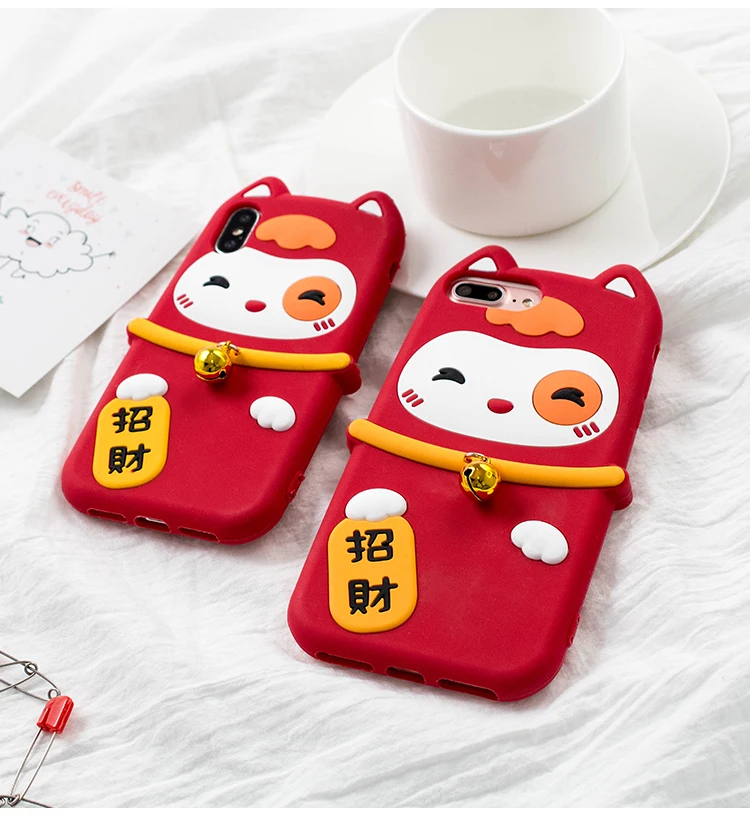 Мягкий чехол для iphone XS max Lucky Cat для iphone 11 pro max XR X 6 7 8 plus Maneki Neko праздничный мягкий чехол для телефона маленький колокольчик