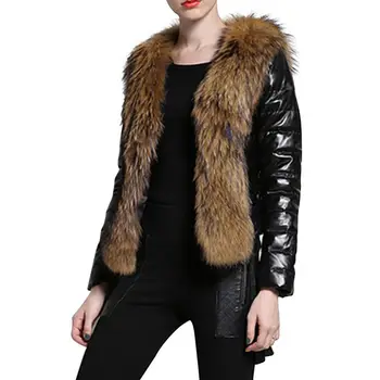 

Spliced Leather Faux Fur Coat Women Plus Size Flocking Thick Warm Winter Coats England Bodycon Fluffy Jackets Fall 2018