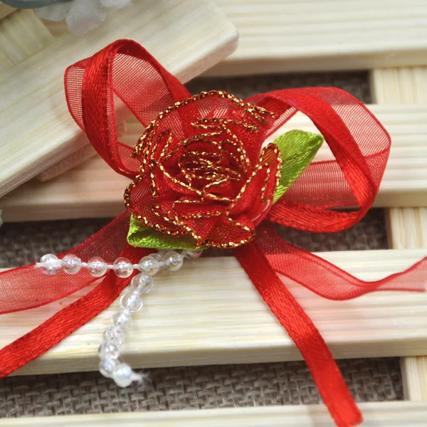 10 шт. Orangza цветы из атласной ленты банты W/листок розы Свадебное Украшение B54 - Цвет: Red