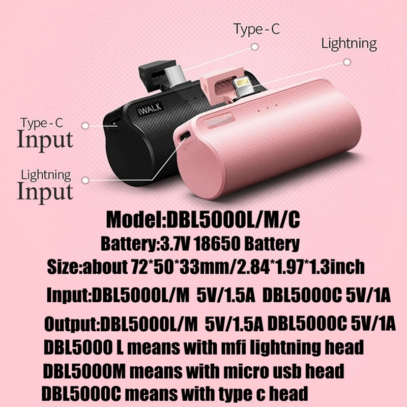 IWalk 5000 мАч карман Мощность банк Тип C со встроенным MFI 8-ми штифтовый кабель 1.5A 1A для Apple iPhone X Xiaomi Mi6 samsung S8 Батарея