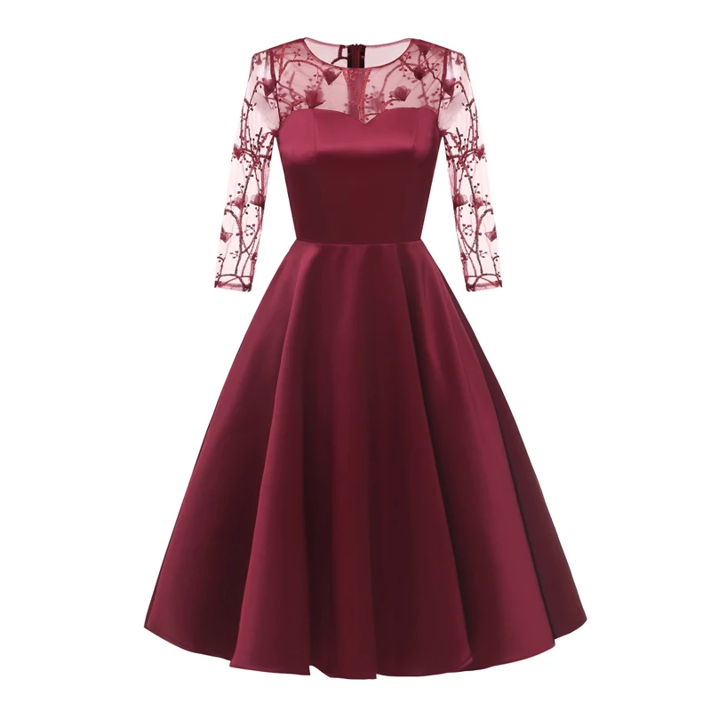 

HeyGalSing Wine Red Dress Embroidery Tulle Three Quarter Sleeve Sexy Elegant Short Simple Formal Dresses Chic Prom Gown