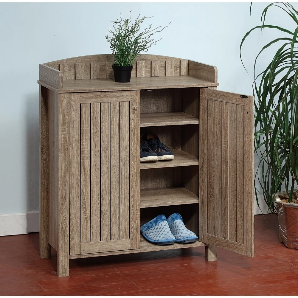Slatted Pattern Shoe Cabinet With Molded Top, Brown (1)