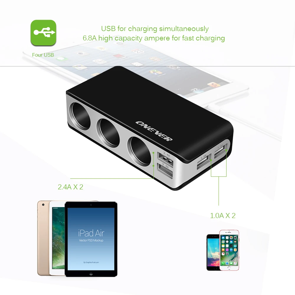 6.8A 4 usb порта автомобильное зарядное устройство 3 гнезда прикуривателя 120 Вт