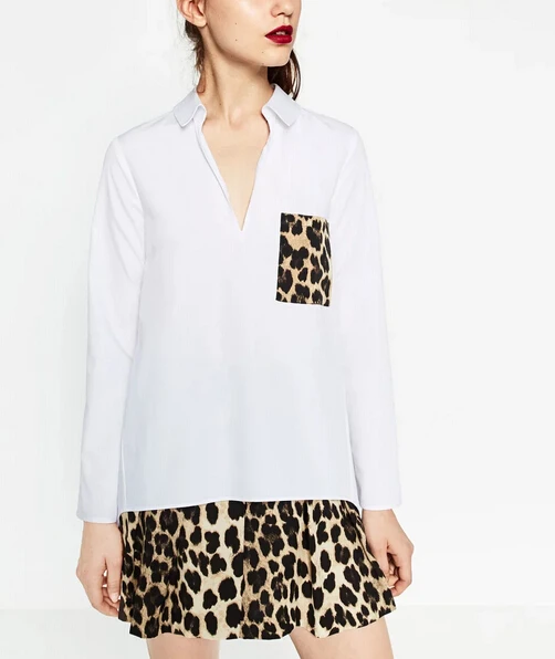 

2017 New Fashion Women Vintage Leopard Pocket Decoration Pullover shirt Loose Slim Blouses Casual Work Wear Feminine Blusa Tops
