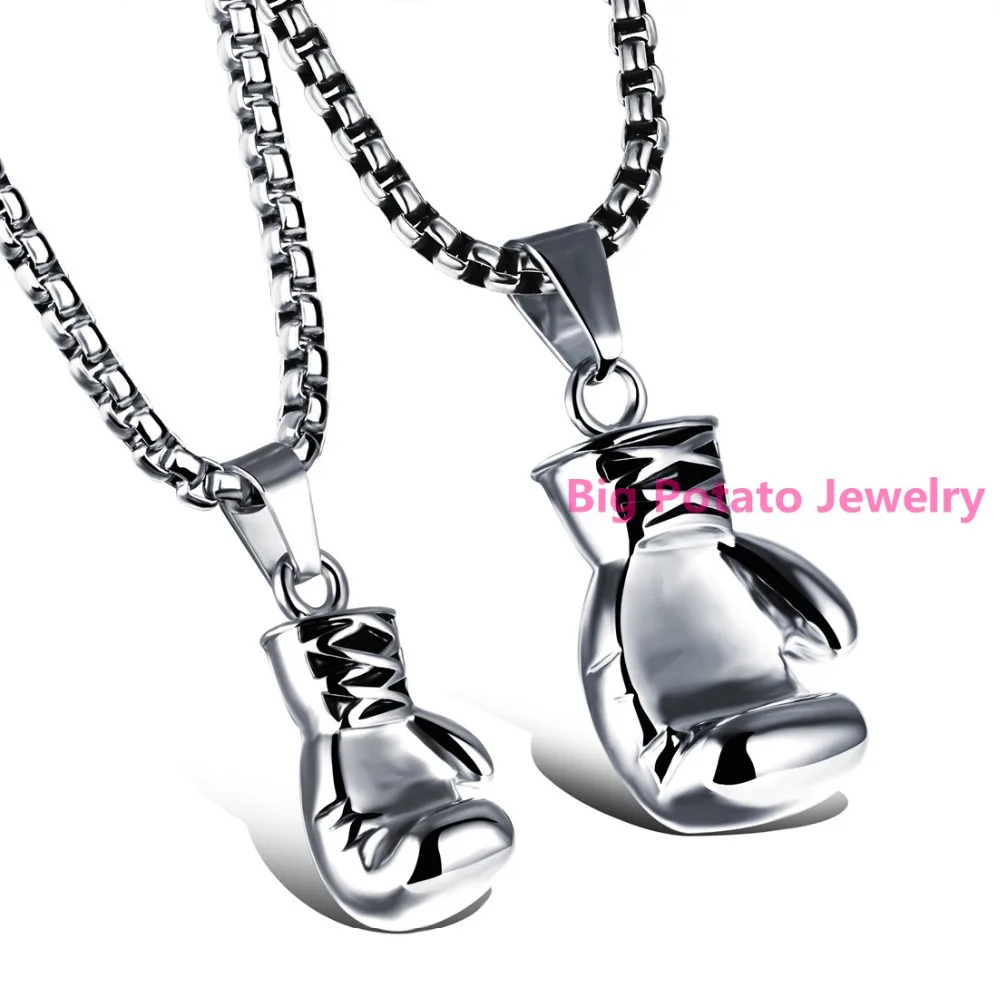 

Top Hot Sell 1Pair Boxing Gloves Stainless Steel Men's Womens Polishing Silver Pendant Necklace Chain For Lovers Free Box Chain