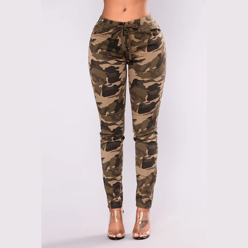 Брюки женские камуфляжные с завышенной талией повседневные облегающие штаны в