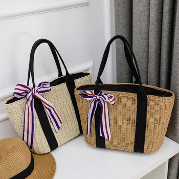 

2019 new women's bag large capacity hand-woven scarves straw bag Hawaii style shopping bag casual wild shoulder messenger bag
