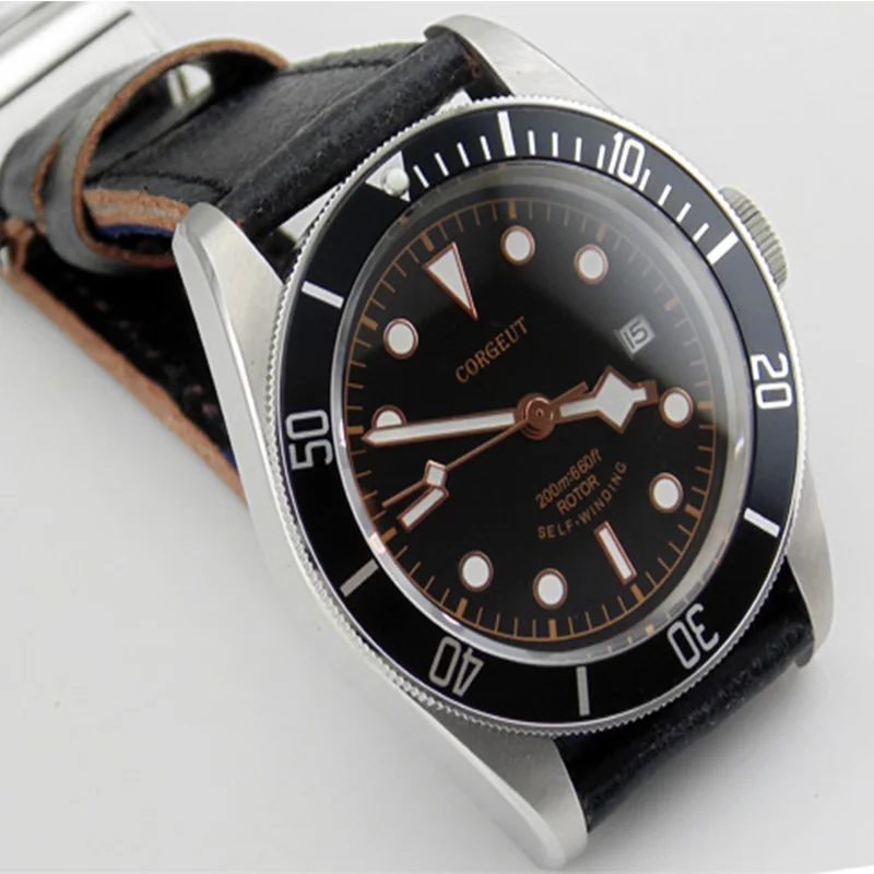 

41mm Corgeut Sapphire Glass Black Bezel Rose Gold Hands Genuine Leather Strap Automatic Mechanical Men's Watch