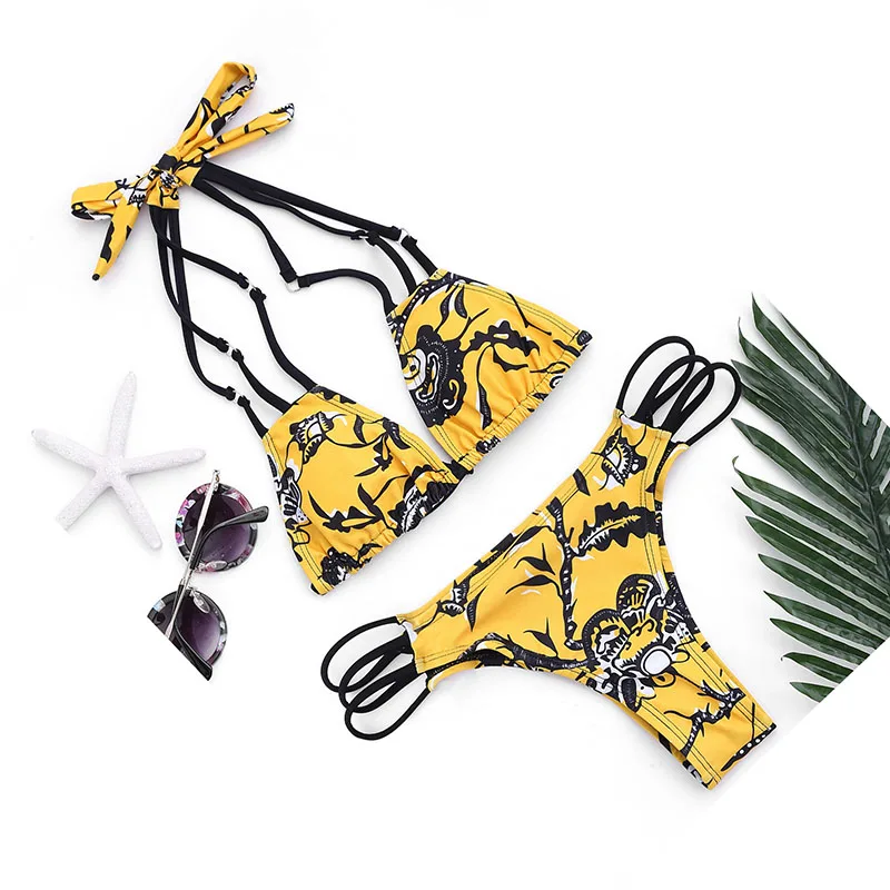 

Printed Mini Bikini Sets Thong Brazilian Biquini Sexy Swimwear 2018 Vintage Retro Swimsuit Bandage Swimwear Female