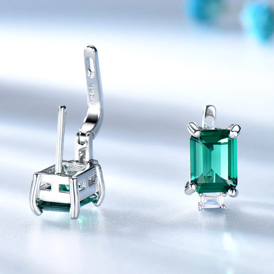 UMCHO Solid 925 Sterling Silver Clip Earrings for Women Luxury Emerald Green Gemstone Jewelry Princess Cut May Birthstone Gift