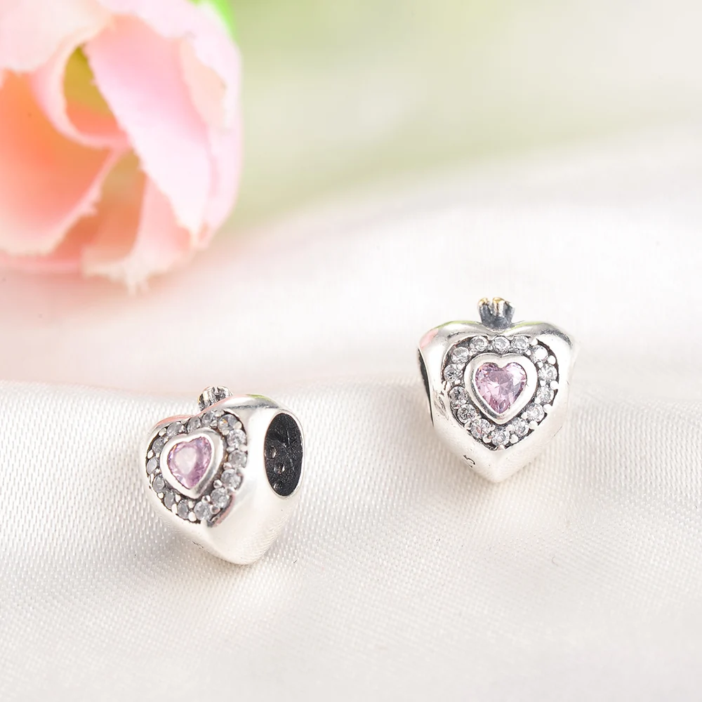 LZESHINE подлинные серебро 925 Подвески принцессы сердце розовый CZ подвески Fit браслет