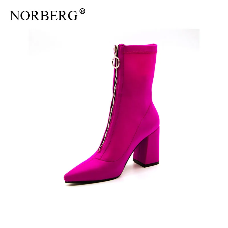 

2019 Autumn New Female Sexy Square heel Sock Booties Stretch Fabric Pointed Toe High Heels Ankle Boots Women Pumps Ladies' boots
