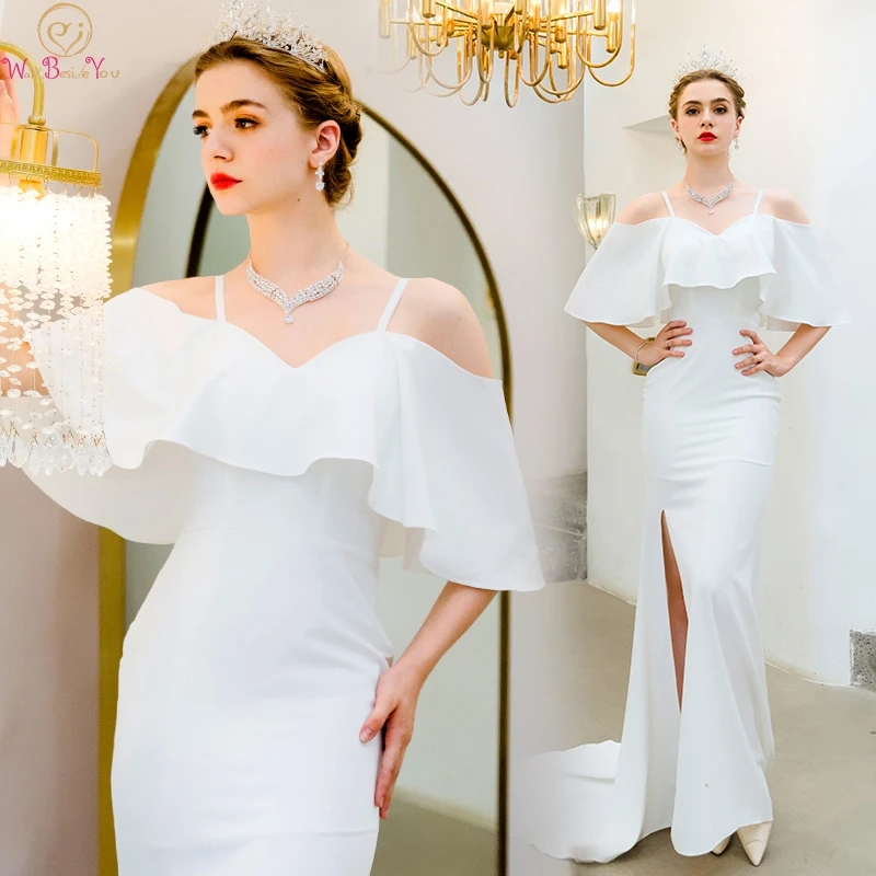 

White Evening Dresses 2019 Elegant Long Mermaid Satin Spaghetti Strap Off Shoulder Split Sweep Train Prom Gown Walk Beside You