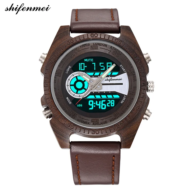 

SFMEI 2139-1 Wooden Watches Digital Men's watch LED Double display Luminous Hand engraved Wristband male female Wood Watch