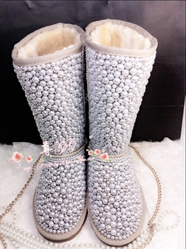 Real Photo !! 2016 Winter Boots Women Brand Knee High cc Boots Handmade big Rhinestone Pearl Winter Boots