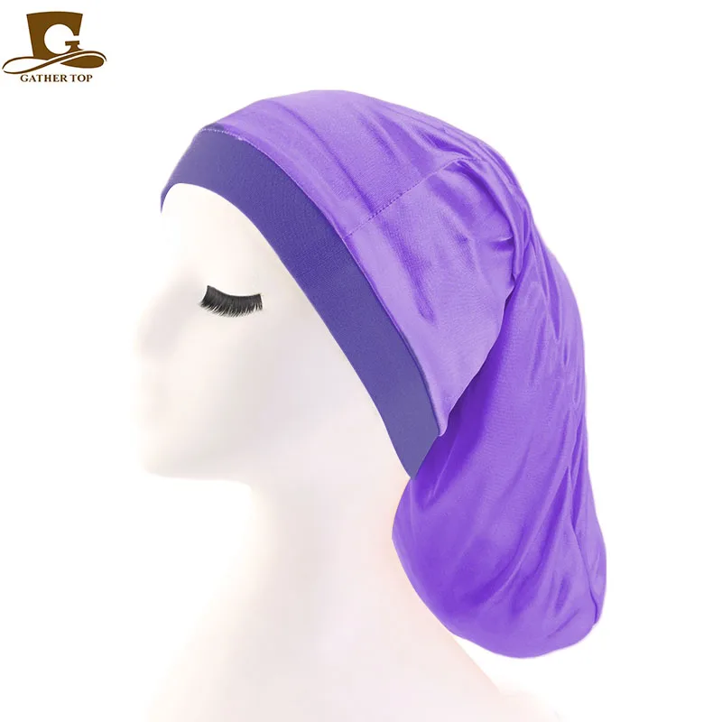 Новая широкая эластичная лента атласный карман капот шелковистая дредлок косы мешковатая шапка - Цвет: Фиолетовый