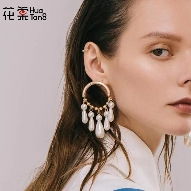 

HuaTang Romantic Imitation Pearls Pendant Earrings For Women Girl Gold Color Water Drop Dangle Earring Engagement Jewelry 3870