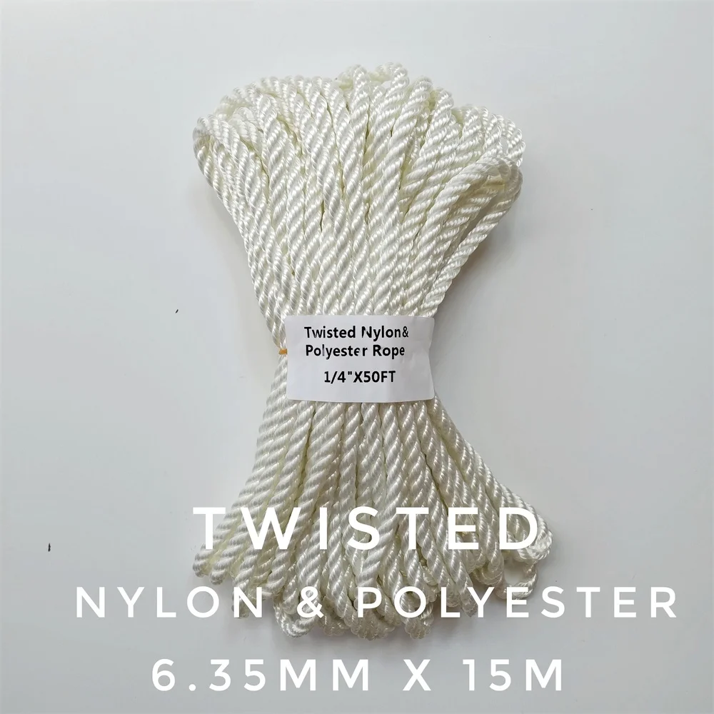 オンライン 1 4in 。 × 50ft 。 (6.35 ミリメートル × 15 メートル) ツイストナイロン ポリエステルロープ 3 ストランドボートロープ Camping 安全なラインの服ライン