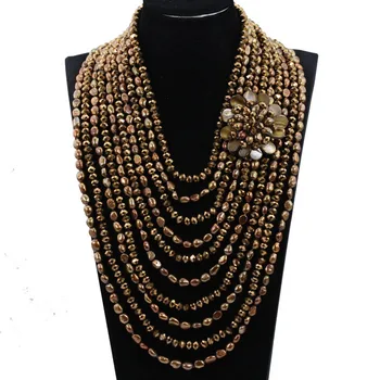 

Exclusive Coffee Brown Baroque Pearls Wedding Jewelry 10 Strands Pearls and Crystal Bib Necklace Bridal Gift Free Shipping QW054