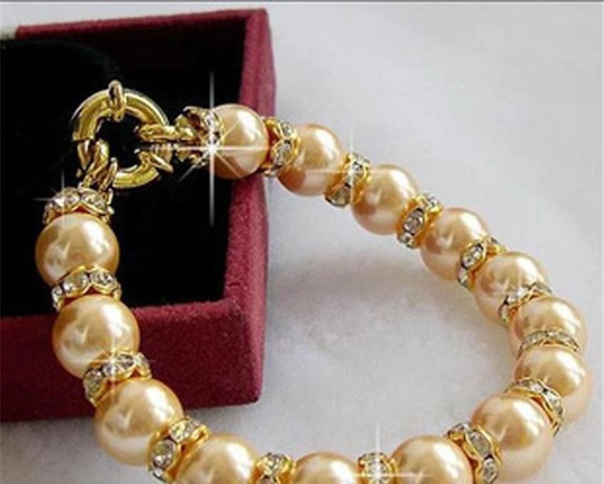 

10mm round Gold south sea shell pearl crystal bracelet 7.5" AAA+0033