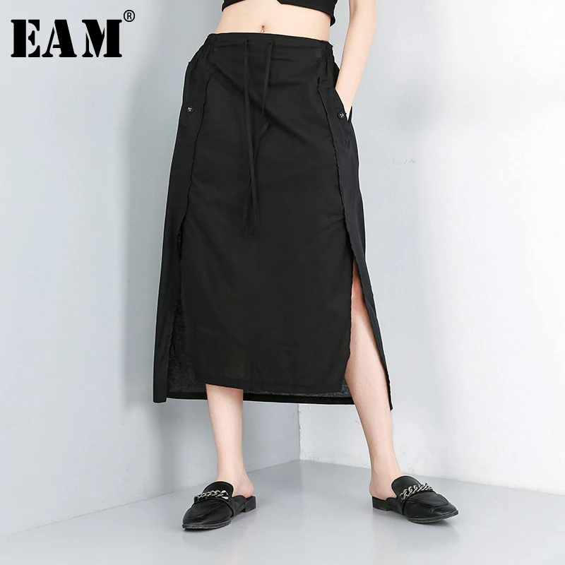 

[EAM] 2019 New Spring Summer High Elastic Waist Black Bandage Vent Pocket Split Joint Half-body Skirt Women Fashion Tide JW562