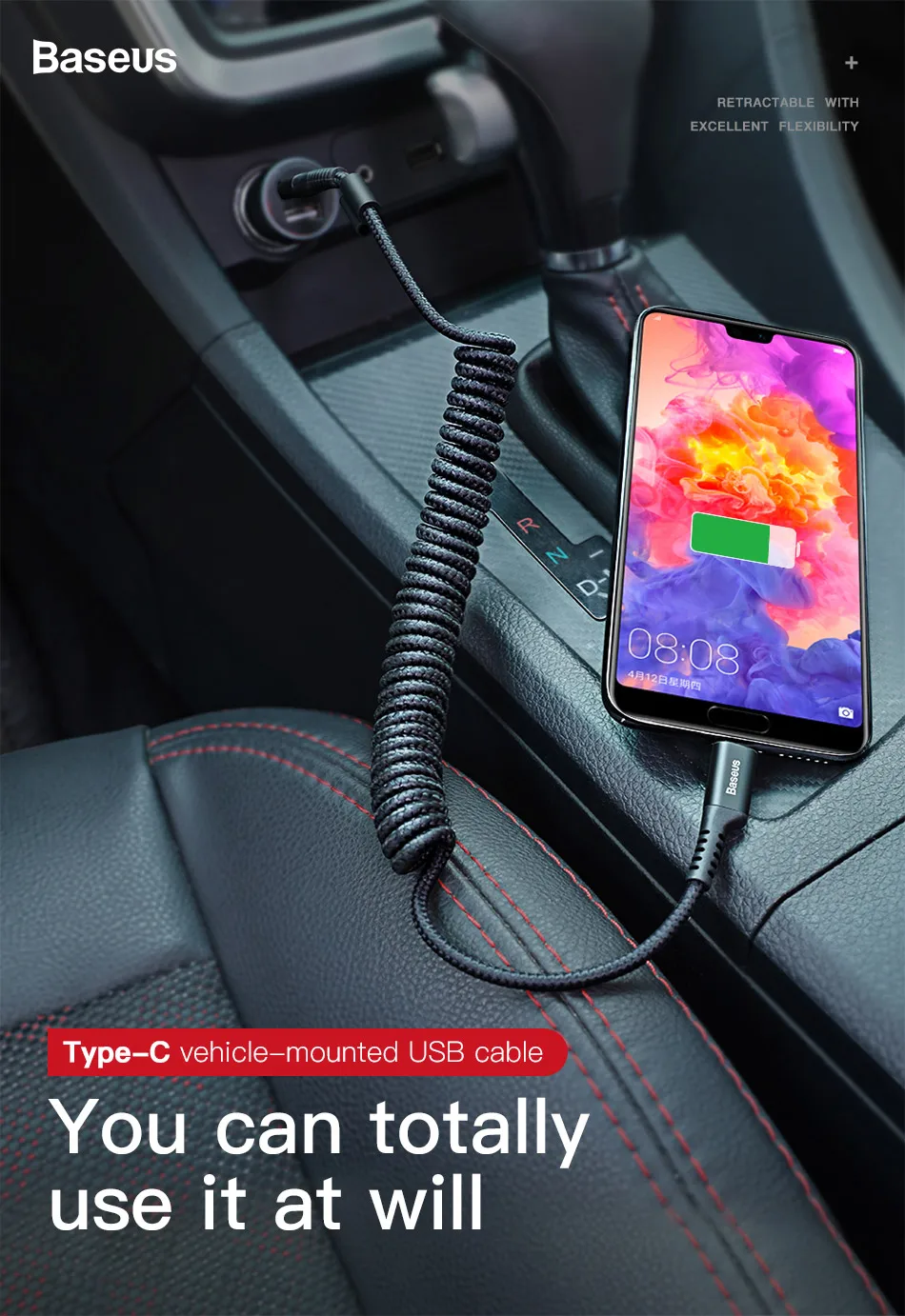 Выдвижной пружинный usb-кабель Baseus type-C для samsung S10 S9 S8 Xiaomi Mi 9 8 USB-C, быстрое автомобильное зарядное устройство USBC type-C