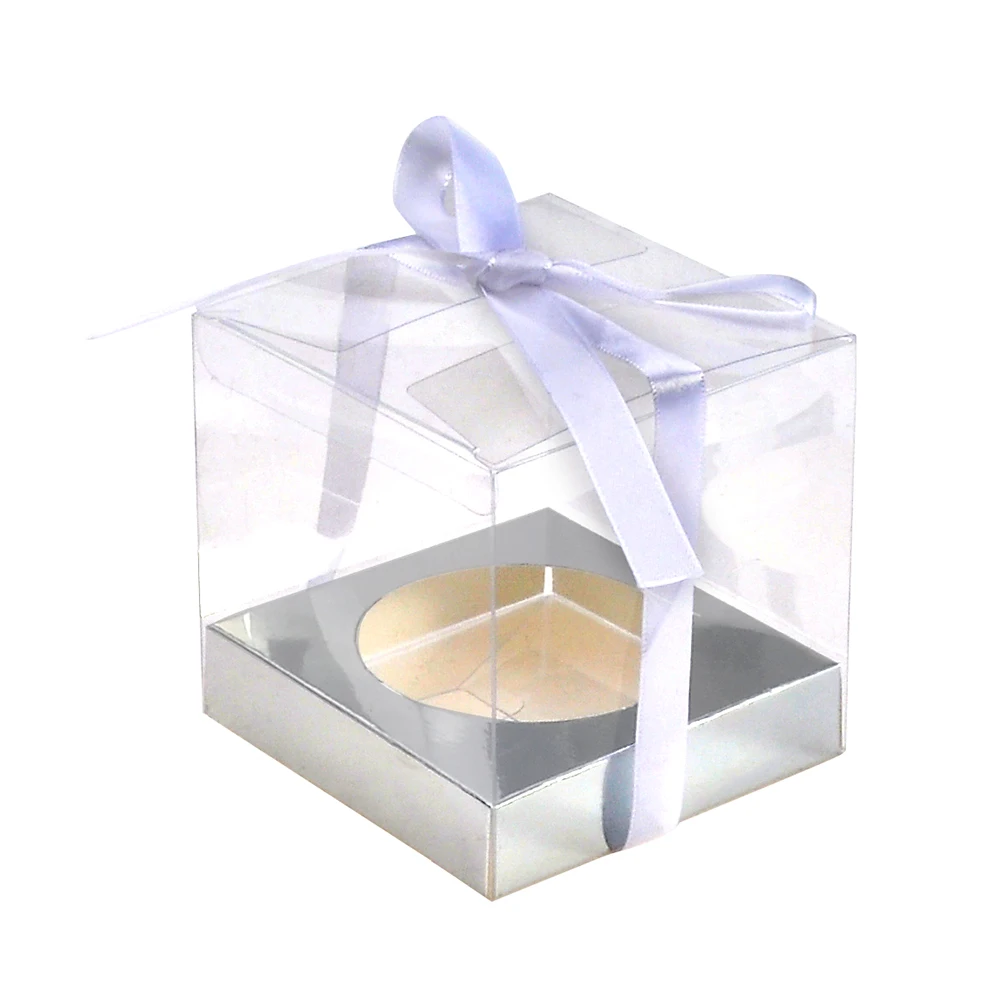 12 шт./партия, Подарочная коробка для свадебной вечеринки и упаковка для тортов Wedidng Cupcake Box чистая, поливинилхлоридная, прозрачная коробка для тортов с основанием внутри - Цвет: Серебристый