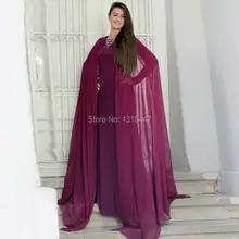 Robe De Soiree Puffy Purple Chiffon Long Arabic Kaftan A Line O Neck Long Sleeve Abaya in Dubai Chiffon Islamic Evening Dresses