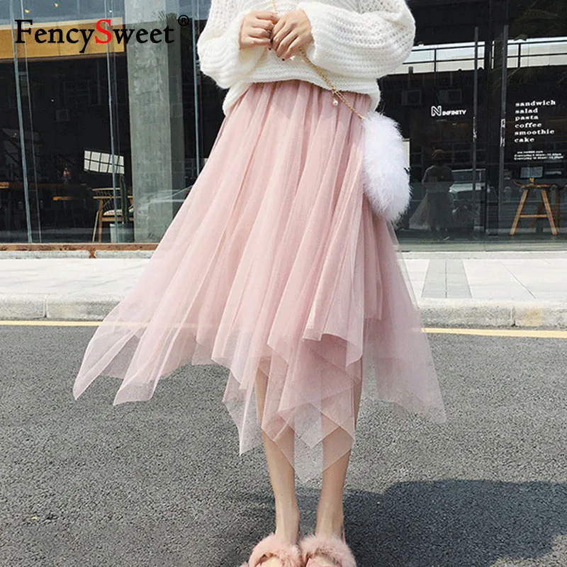 

Fencysweet Irregular Long Tulle Skirts Women 2019 Spring High Waist Mesh Skirt High Low A Line Layered Pleated Tutu Skirts Pink