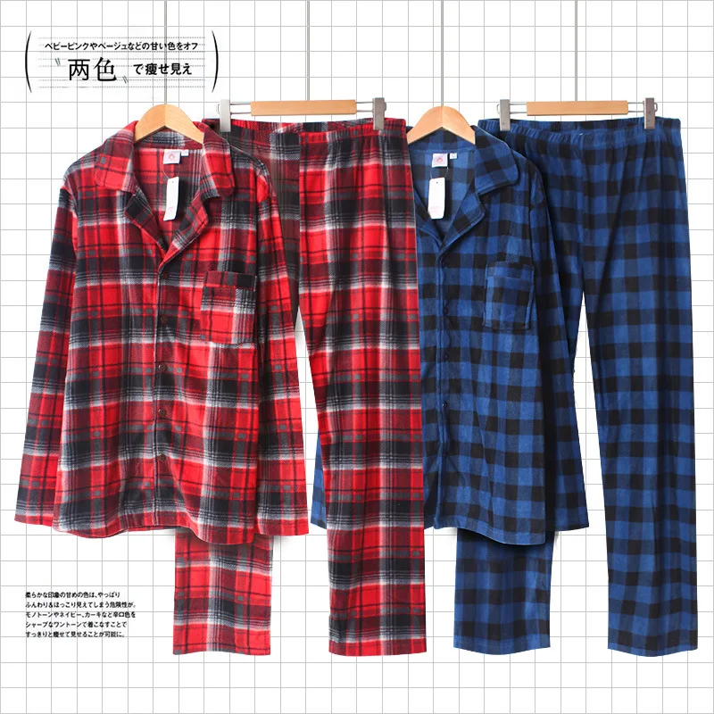

Winte Fleece Pajamas Male Lattice Thermal Leisurewear Two-piece Mens Sexy Pajamas Sleepwear Flannel Men Pajama Plaid Pijama Set