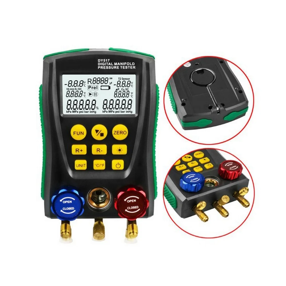 Pressure Gauge Pressure Manifold Tester Refrigeration Digital Vacuum Meter HVAC Temperature Tester Valve Tool Kit DY517A