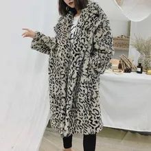 ANSFX стильная леопардовая лохматая верхняя одежда из искусственного меха с лацканами средней длины зимняя женская теплая куртка пальто большого размера Стильные топы