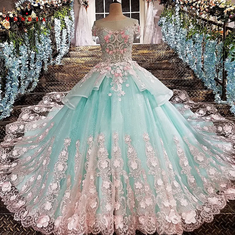 QUEEN BRIDAL Luxury Evening Dresses Ball Gown Appliques 3D Flowers Long ...