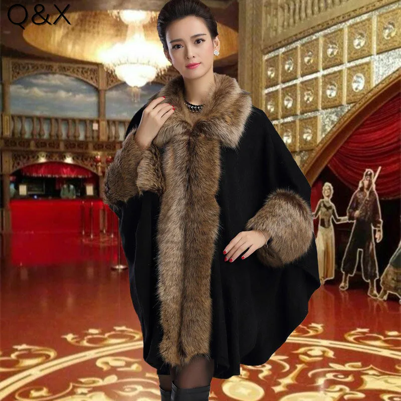 

SC75 2017 New Fashion Women Autumn And Winter Patchwork Fur Collar Poncho Imitation Cashmere Long Sleeve Knit Shawl Cloak Coat
