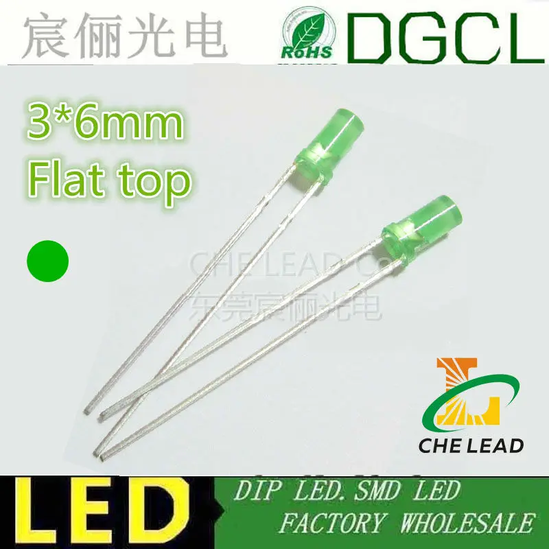 

3*6mm Pure GREEN High Flat top 3mm led DIODE with fringe dip led 520-525nm Round indicator lamp bulb 3.0-3.2V(CE&Rosh)