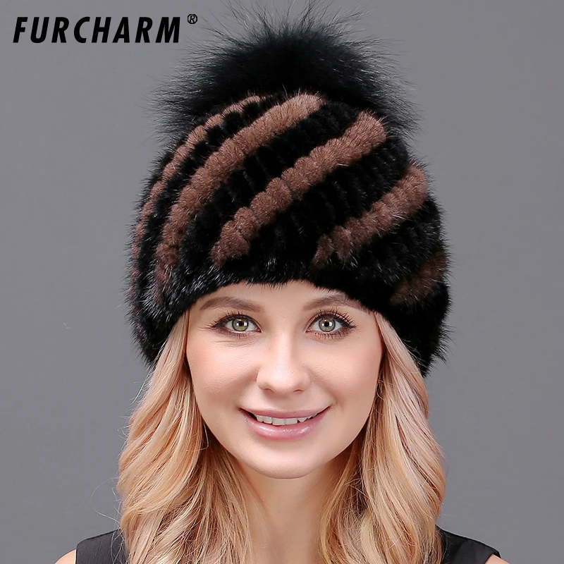Шапка из натурального меха норки с помпоном из меха лисы, вязаные шапки из меха норки, шапочки из натурального меха высокого качества, зимняя теплая женская меховая шапка