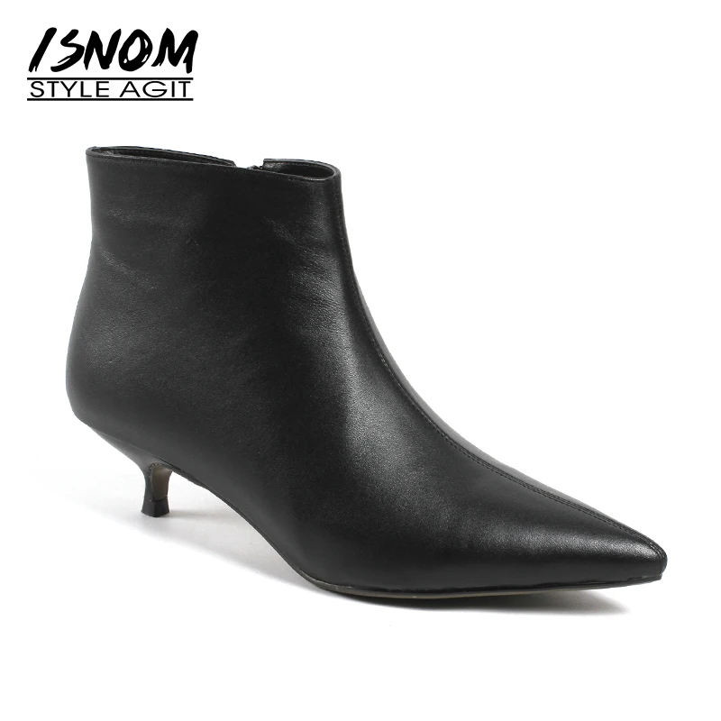 Goedkoop ISNOM Herfst Med Hakken Vrouwen Enkellaars Zip Puntschoen Schoeisel Kantoor Vrouwelijke Boot Mode Koe Lederen Schoenen Vrouwen 2018 zwart