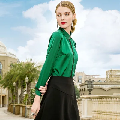 

free shipping DHL Slim silk blouse spring 2019 new solid color women long sleeve stitching contrast color satin silk shirt